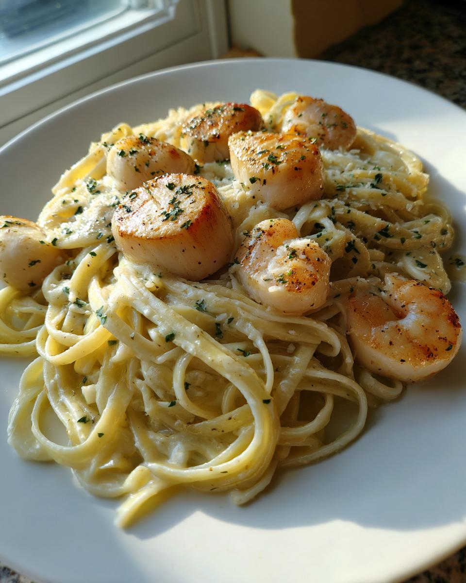 Close-up of creamy seafood pasta topped with perfectly seared scallops and parsley.