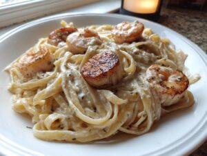 Close-up of creamy seafood pasta featuring fettuccine noodles and perfectly seared scallops.