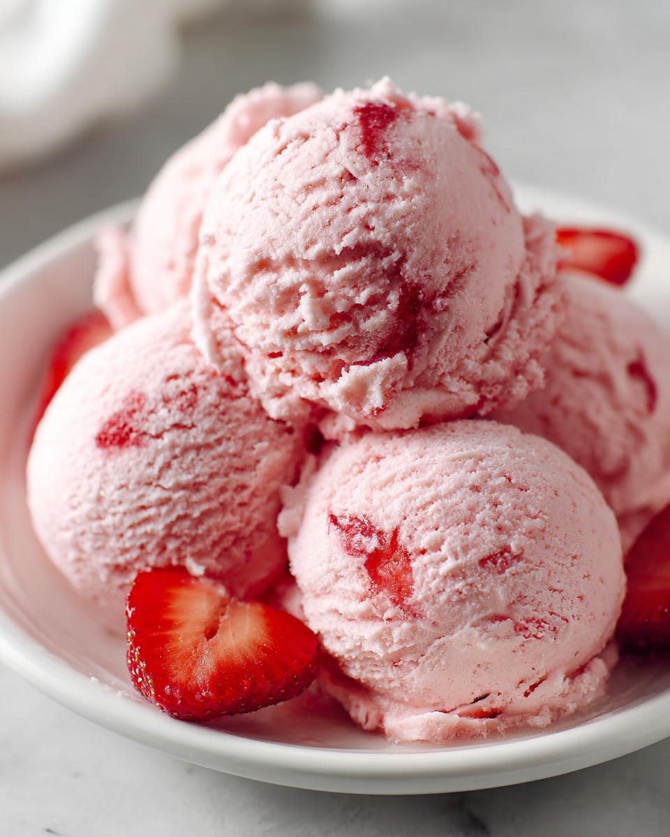 Close-up of several scoops of creamy pink strawberry ice cream garnished with fresh strawberry slices.