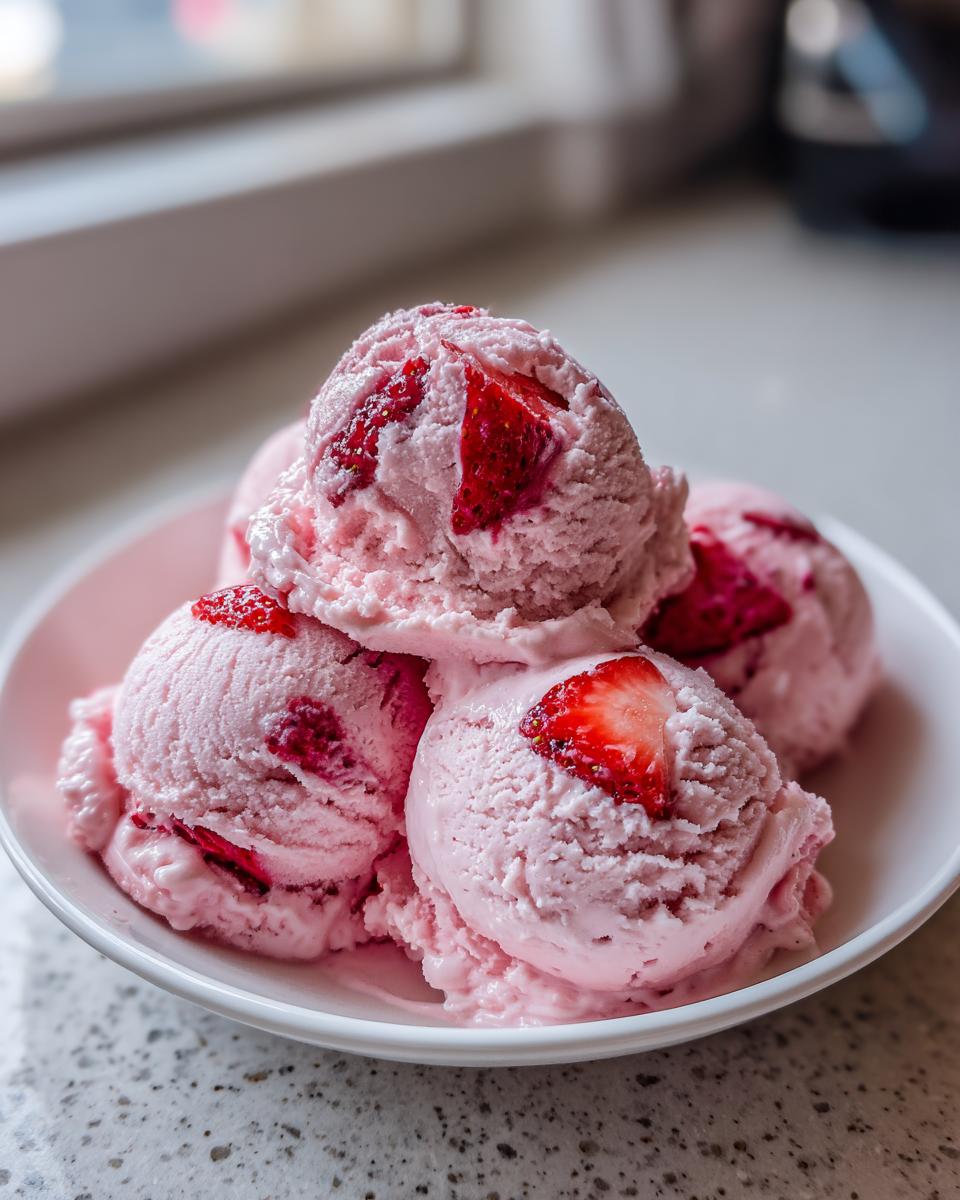 A bowl filled with several scoops of pink strawberry ice cream, studded with visible pieces of fresh strawberry.