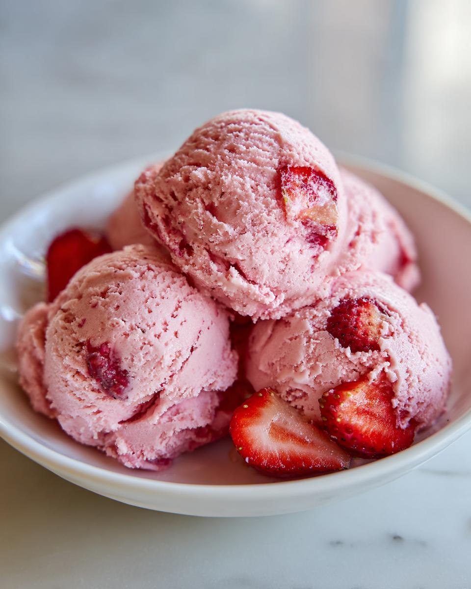 Close-up of several scoops of creamy strawberry ice cream garnished with fresh strawberry slices in a white bowl.
