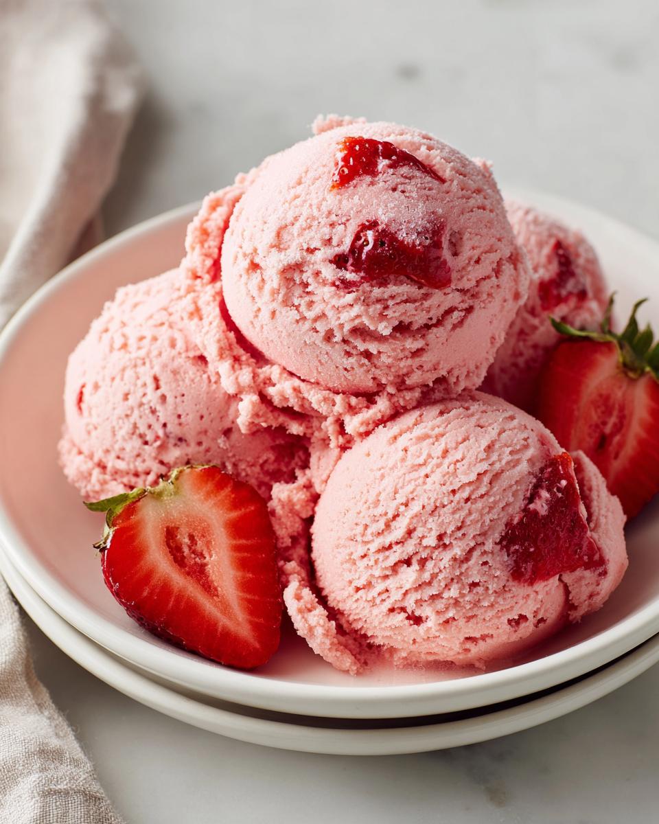 Close-up of several scoops of pink strawberry ice cream topped with strawberry swirl, served with fresh halved strawberries.
