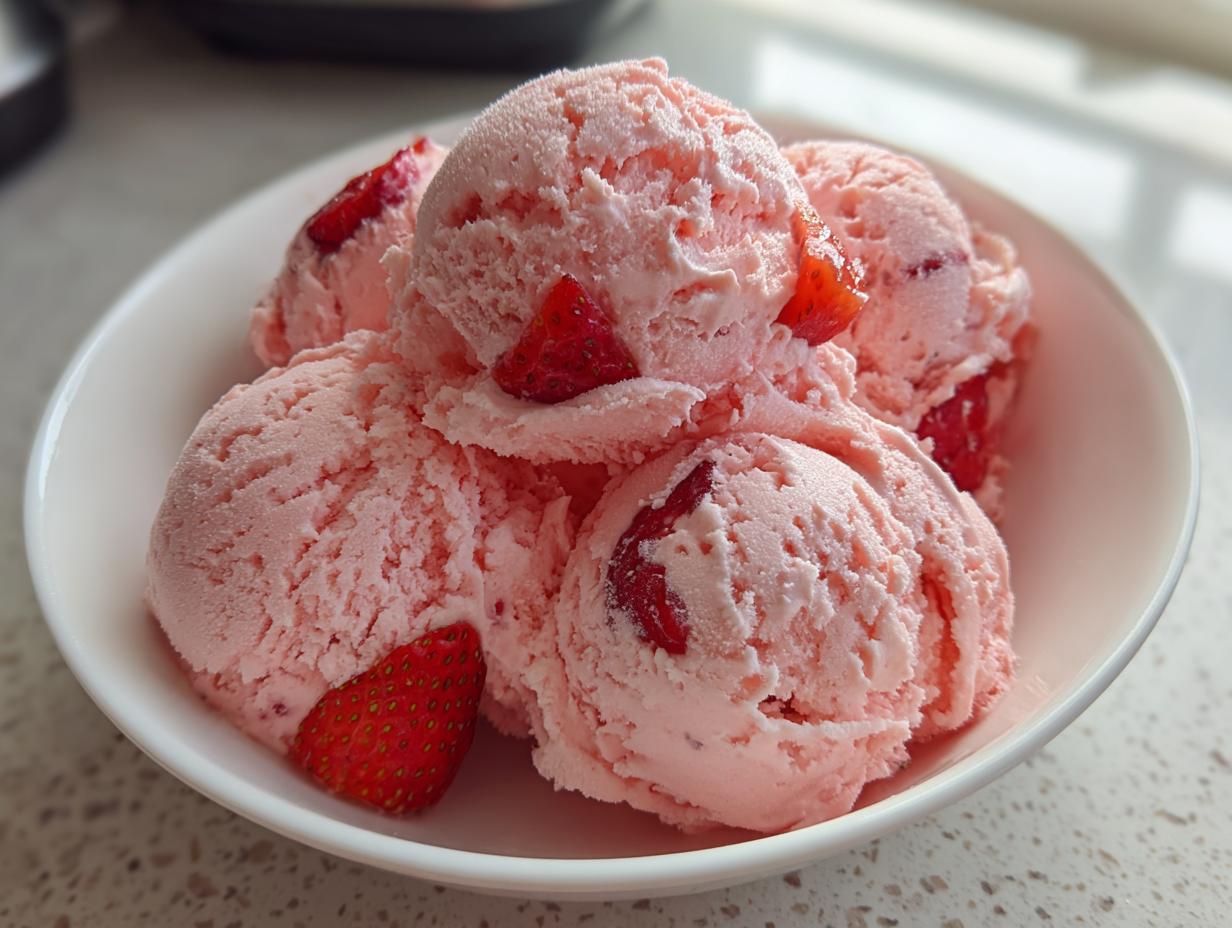 Close-up of several scoops of pink strawberry ice cream garnished with fresh strawberry pieces in a white bowl.