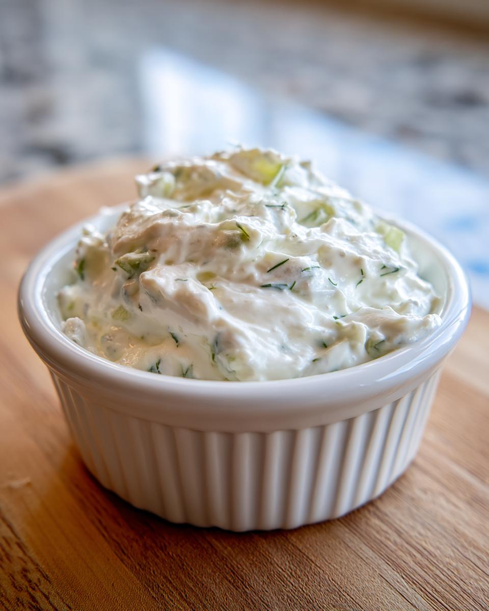 Close-up of creamy homemade tartar sauce with visible herbs and relish chunks in a white ribbed bowl.