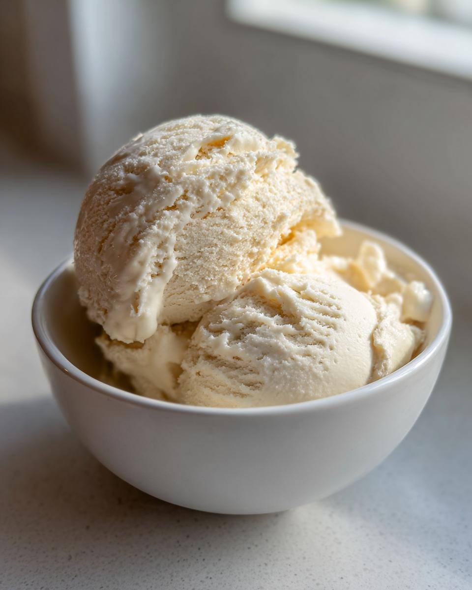 Three generous scoops of creamy vanilla protein ice cream served in a small white bowl.
