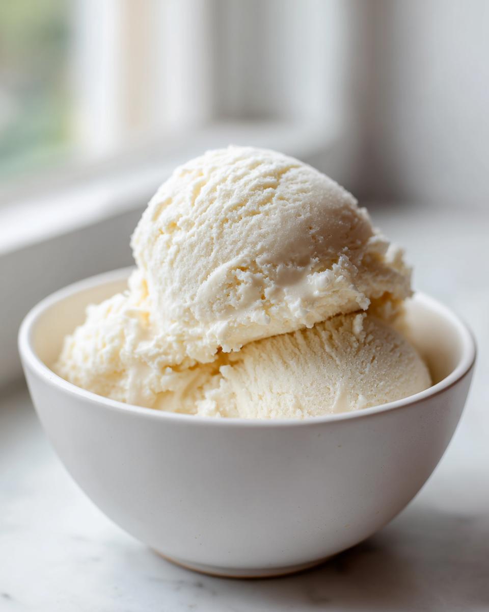 Two scoops of creamy vanilla protein ice cream served in a small white bowl.