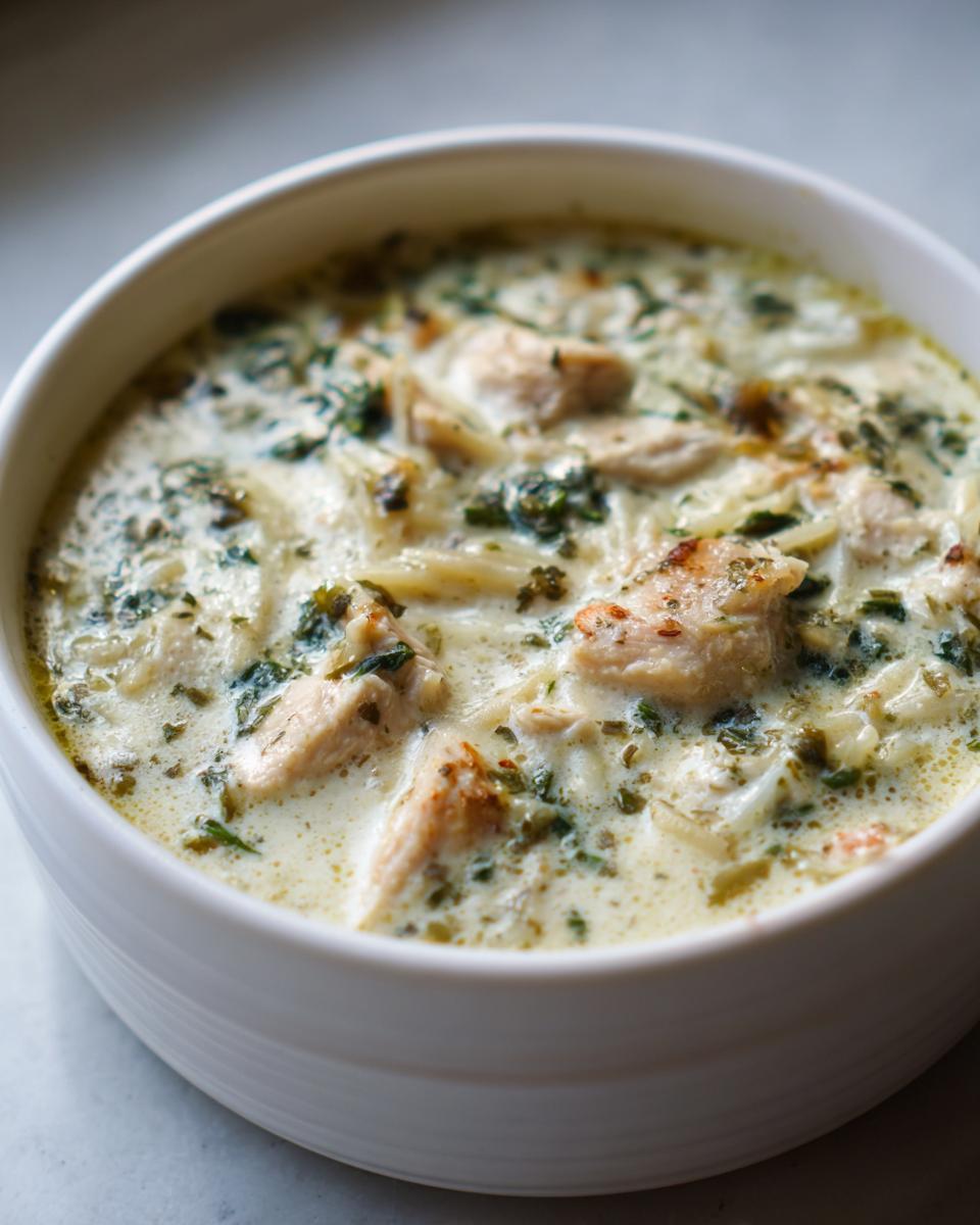 Close-up of a white bowl filled with creamy white chicken lasagna soup, featuring chunks of chicken and green herbs.