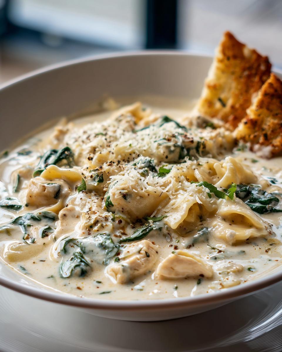 Close-up of creamy white chicken lasagna soup with spinach, pasta, and topped with grated Parmesan cheese and pepper.