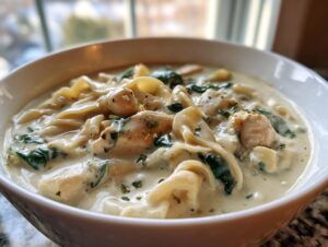 Close-up of a bowl filled with creamy white chicken lasagna soup featuring pasta, chicken chunks, and spinach.