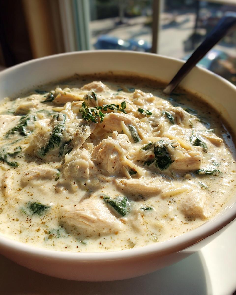 Close-up of a bowl filled with creamy white chicken lasagna soup, featuring shredded chicken and spinach, garnished with thyme.