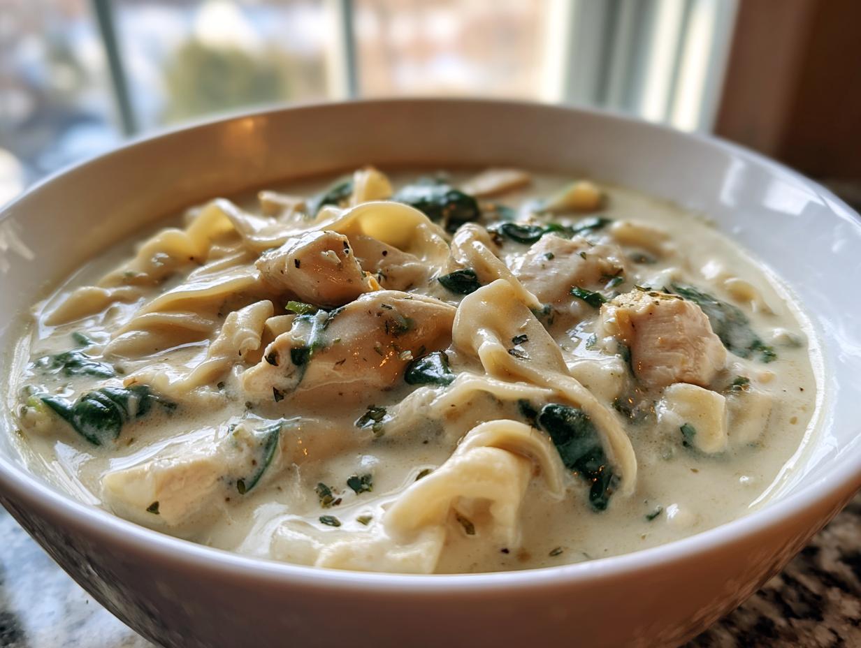 Close-up of a bowl filled with creamy white chicken lasagna soup featuring pasta, chicken chunks, and spinach.
