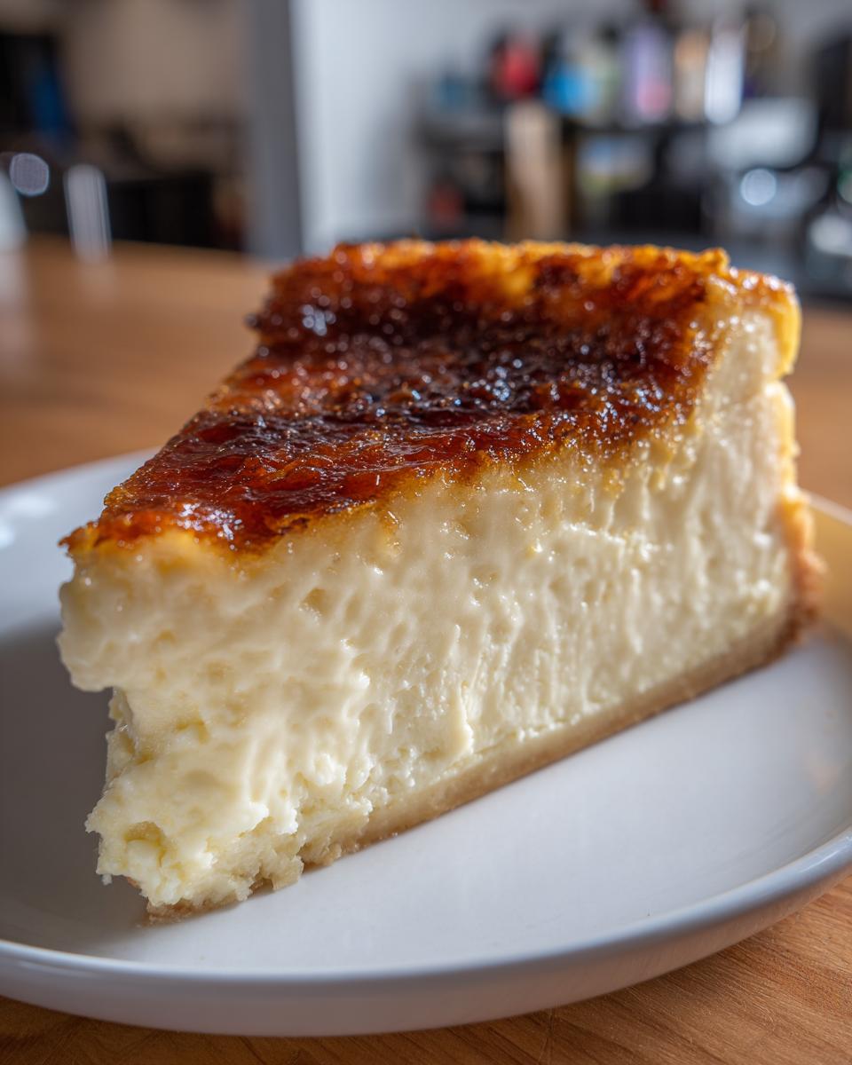 A close-up of a creamy slice of creme brulee cheesecake featuring a perfectly caramelized, dark brown sugar topping.