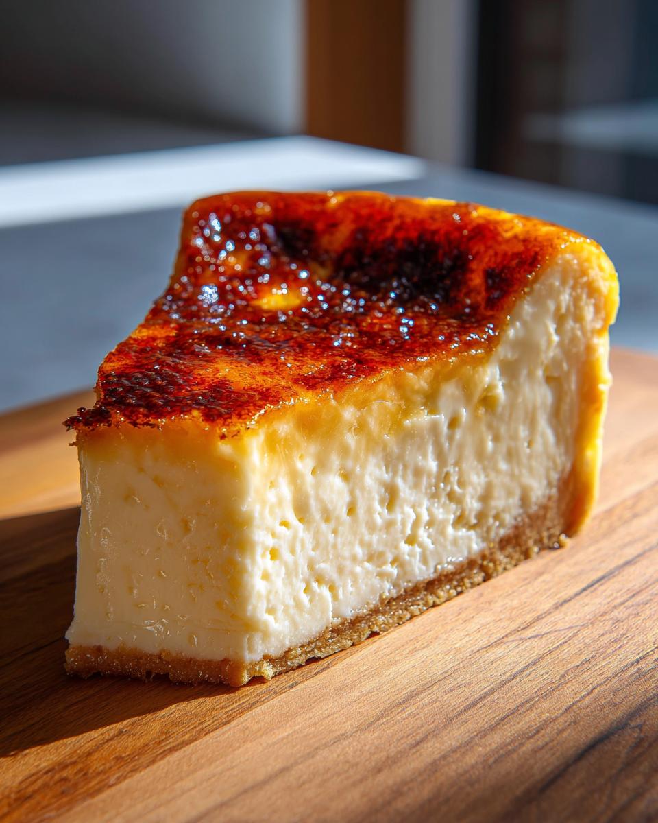 A thick slice of creamy creme brulee cheesecake featuring a perfectly caramelized, dark amber torched sugar crust.
