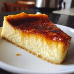 A thick slice of creamy creme brulee cheesecake featuring a perfectly caramelized, dark amber top crust.