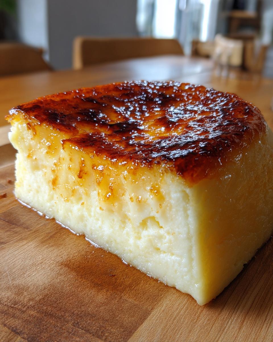 A close-up of a thick slice of creme brulee cheesecake featuring a perfectly caramelized, torched sugar crust.