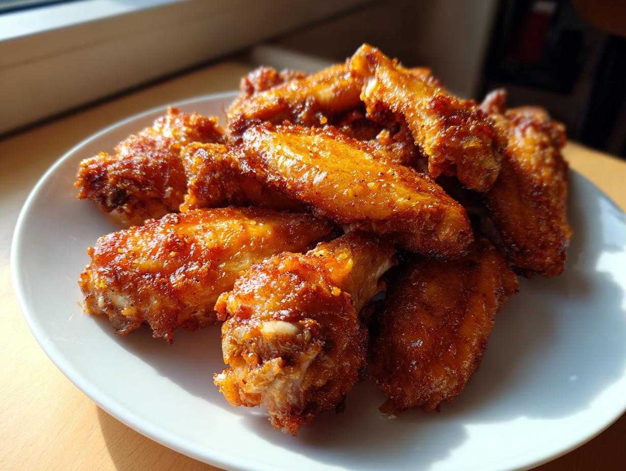 A pile of golden brown, crispy baked chicken wings glistening under natural light on a white plate.