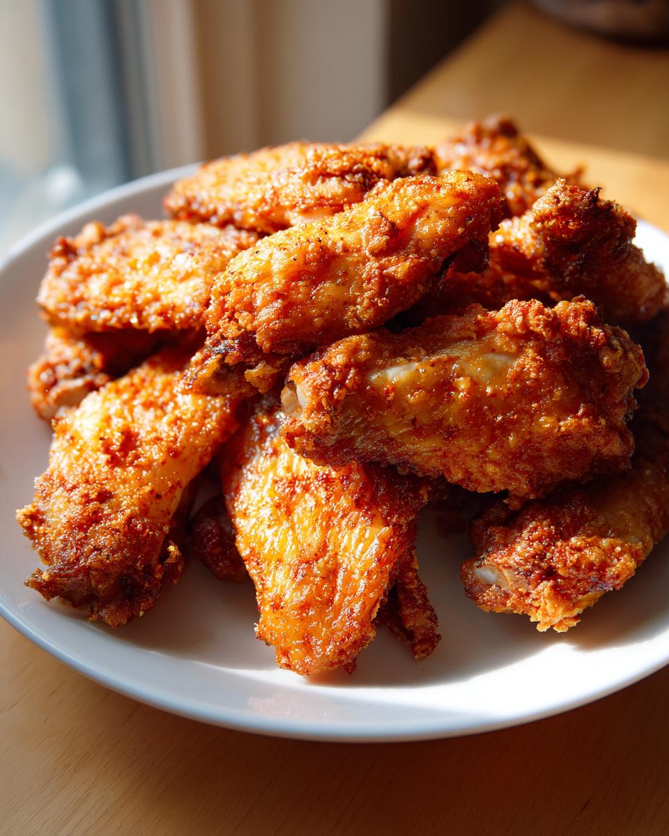 A pile of golden brown, crispy baked chicken wings seasoned with spices, served on a white plate.