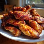 A mound of golden brown, seasoned crispy baked chicken wings piled high on a white plate.