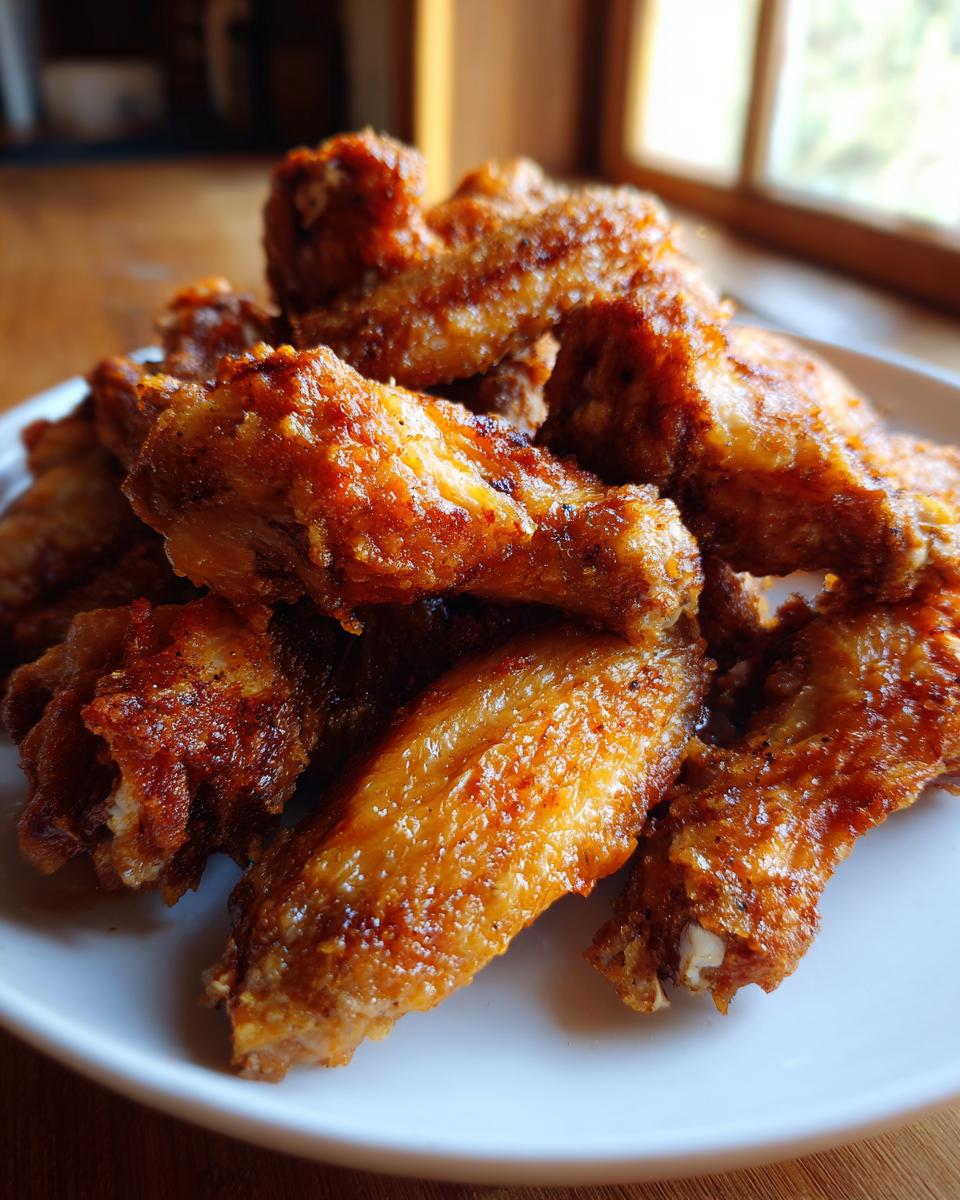 A close-up of a pile of golden brown, crispy baked chicken wings served on a white plate.