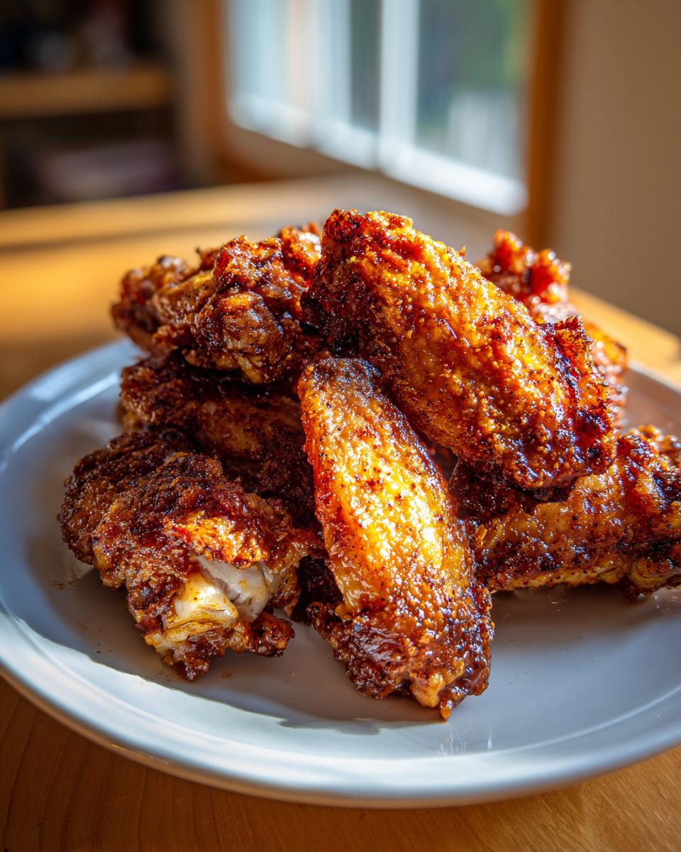 A close-up of a pile of golden-brown, crispy baked chicken wings glistening under sunlight.