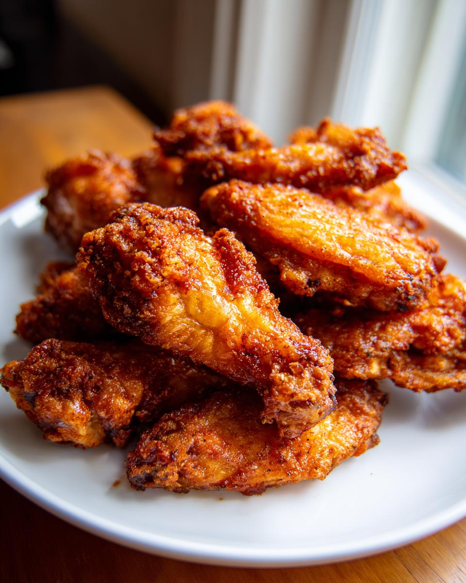 A close-up pile of golden brown, crispy baked chicken wings served on a white plate.