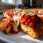 Close-up of crispy chicken parmesan cut in half, showing melted mozzarella cheese stretching over rich tomato sauce.