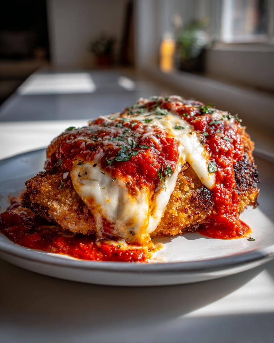 A perfectly crispy chicken parmesan recipe serving topped with melted mozzarella and rich marinara sauce.
