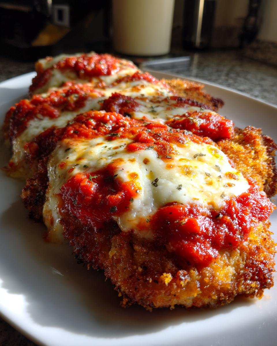 Close-up of three crispy breaded chicken parmesan portions topped with melted mozzarella and marinara sauce.