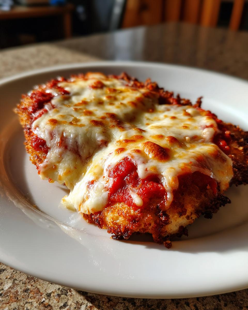 A close-up of a crispy chicken parmesan recipe serving, covered in melted mozzarella and rich tomato sauce.