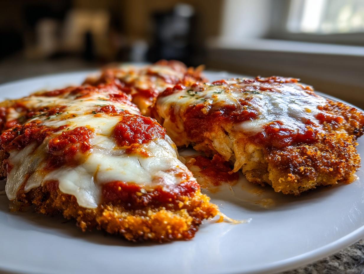 Close-up of crispy chicken parmesan recipe slices topped with melted mozzarella and marinara sauce.