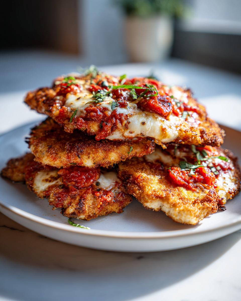 A stack of four crispy breaded chicken parmesan recipe cutlets topped with melted mozzarella and marinara sauce.