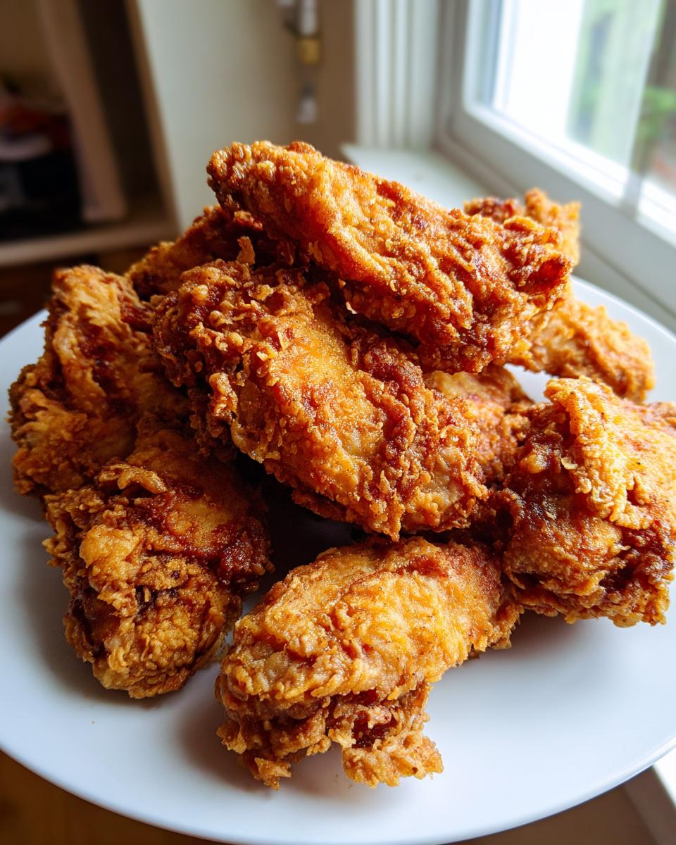 A close-up of a pile of golden brown, extra-crispy fried chicken wings resting on a white plate.