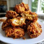 Close-up of a pile of golden brown fried chicken wings, one broken open showing juicy interior.