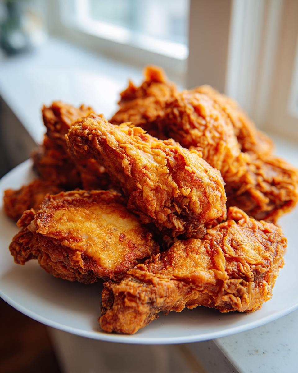 A close-up stack of golden brown, extra-crispy fried chicken wings resting on a white plate near a window.