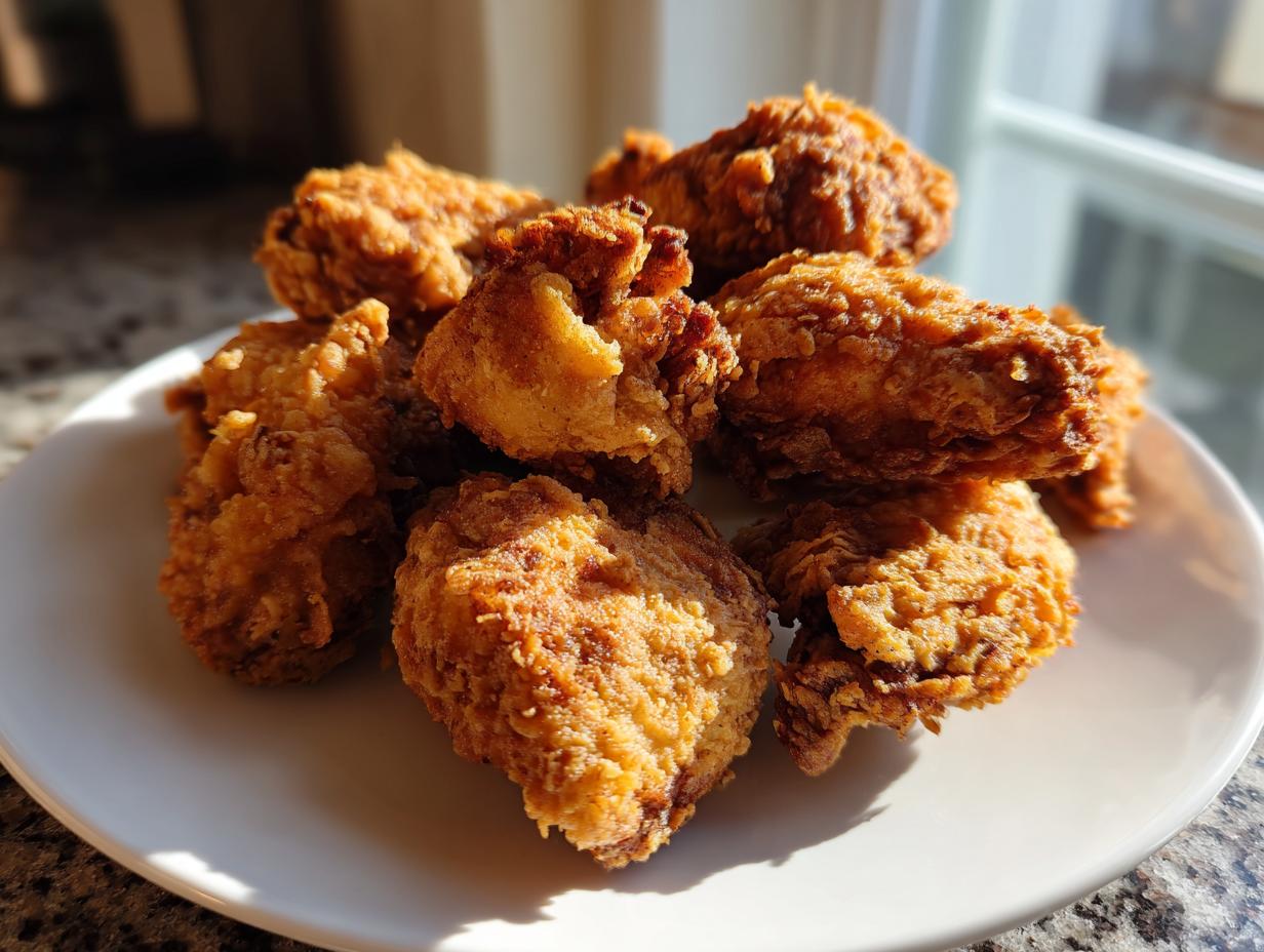 A pile of golden brown, extra crispy fried chicken wings stacked on a white plate, showcasing amazing crunch.