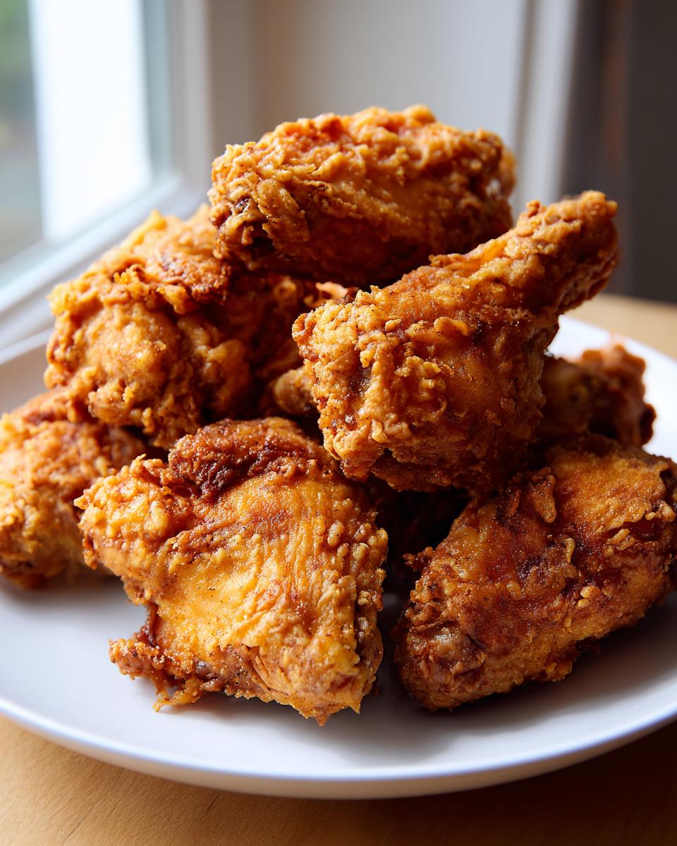 A tall stack of golden brown, extra crispy fried chicken wings piled high on a white plate.