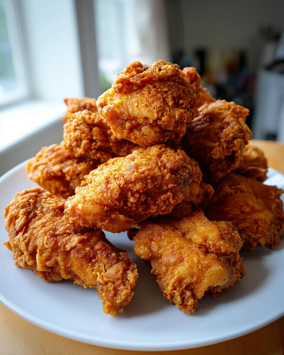 A tall stack of perfectly golden and crispy fried chicken wings piled high on a white plate.