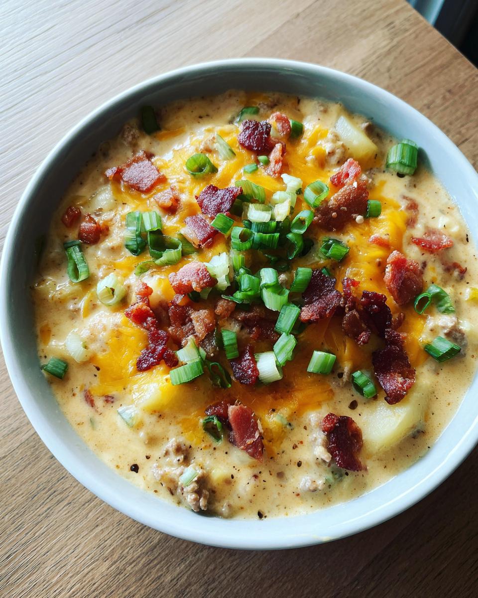 A close-up of a bowl of creamy crockpot cheeseburger soup topped with melted cheddar, bacon bits, and green onions.