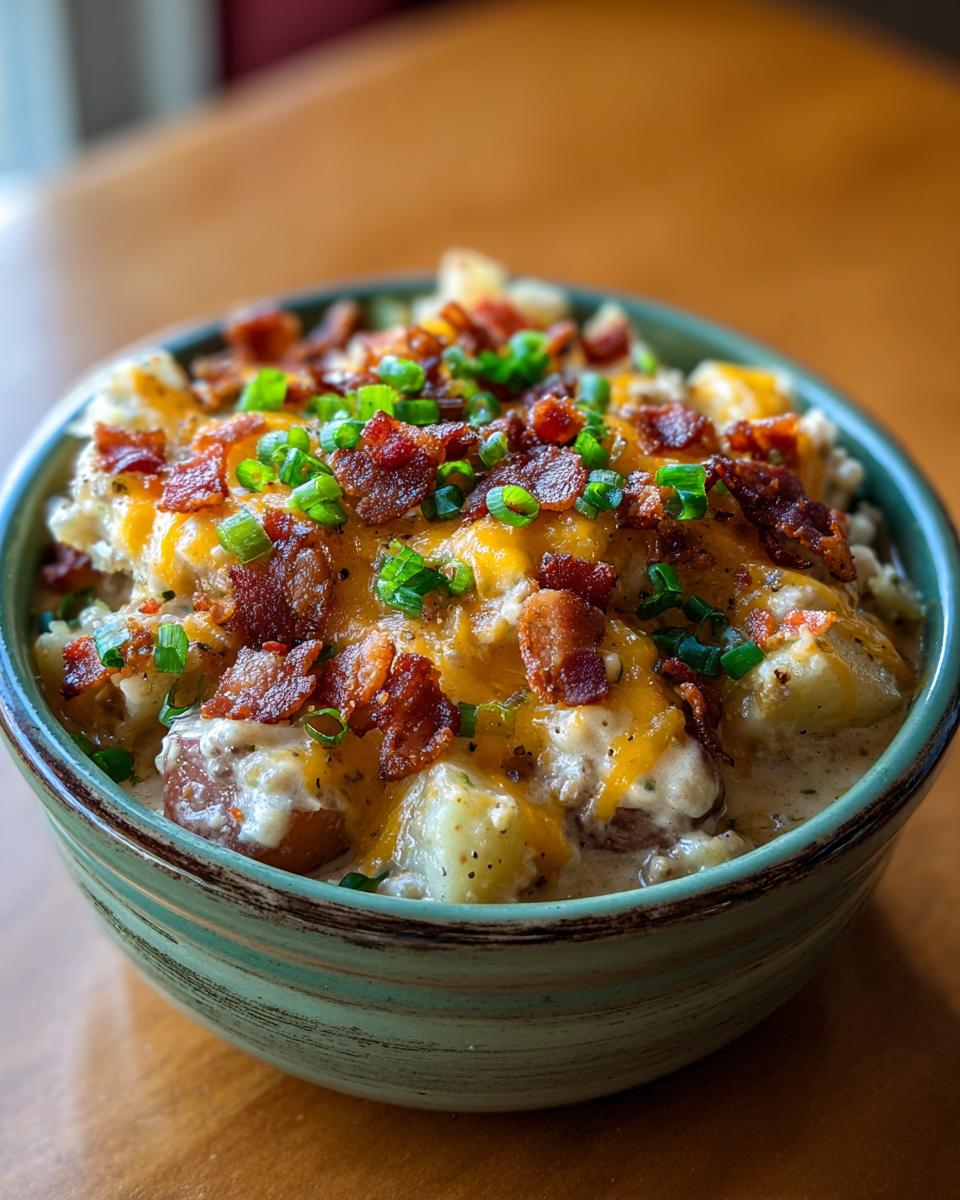 A hearty bowl of crockpot cheeseburger soup topped with melted cheddar, bacon bits, and green onions.