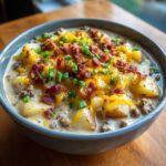 A close-up of a hearty bowl of crockpot cheeseburger soup topped with melted cheddar, bacon bits, and chives.