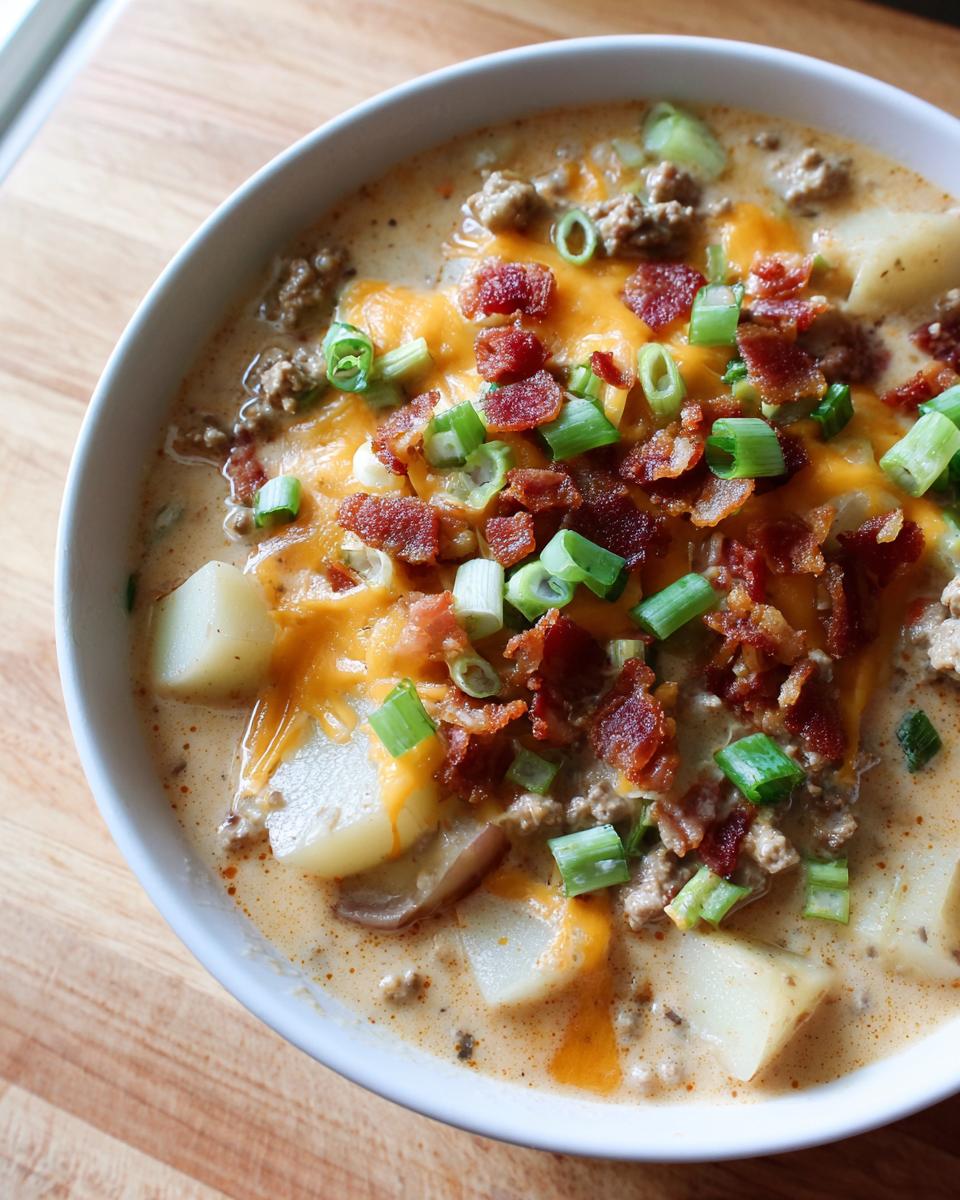 Close-up of a bowl of crockpot cheeseburger soup topped with melted cheddar, bacon, and green onions.