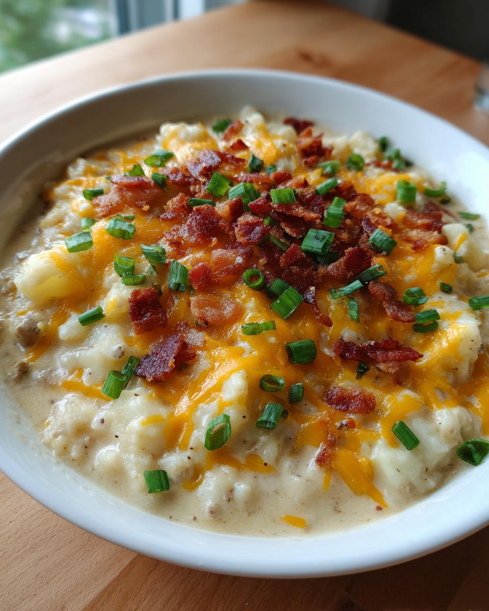 A close-up of creamy crockpot cheeseburger soup topped with melted cheddar, bacon bits, and green onions.