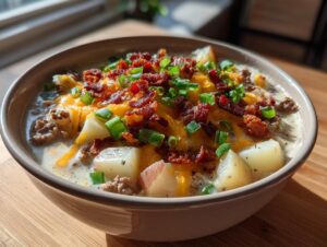 A close-up of a bowl of creamy crockpot cheeseburger soup, loaded with potatoes, cheese, bacon bits, and green onions.