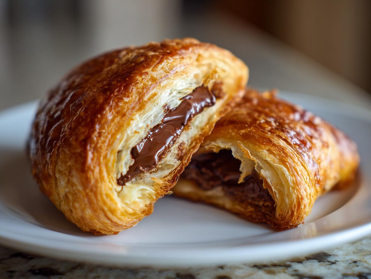 Close-up of a flaky, golden-brown chocolate croissant cut in half, revealing melted chocolate filling.