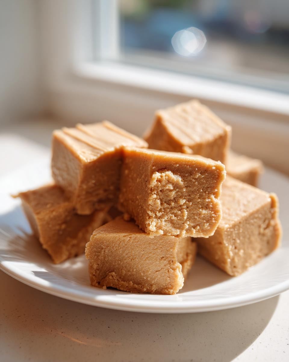 A stack of creamy, light brown maple fudge cubes resting on a white plate near a sunlit window.