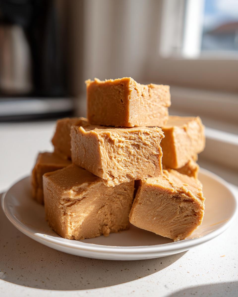 Close-up of a stack of creamy, light brown maple fudge squares sitting on a white plate.