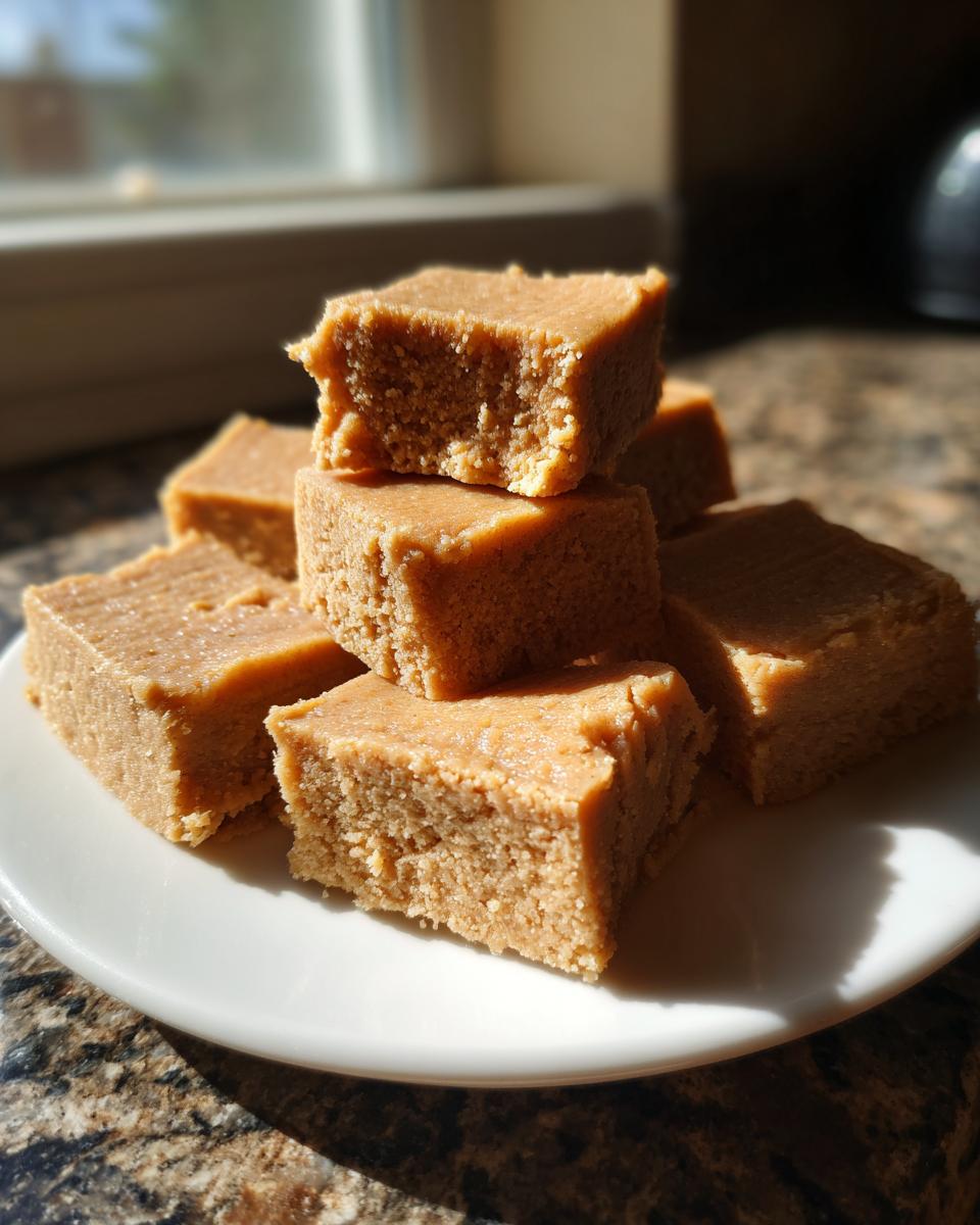 A stack of rich, light brown homemade maple fudge squares resting on a white plate.