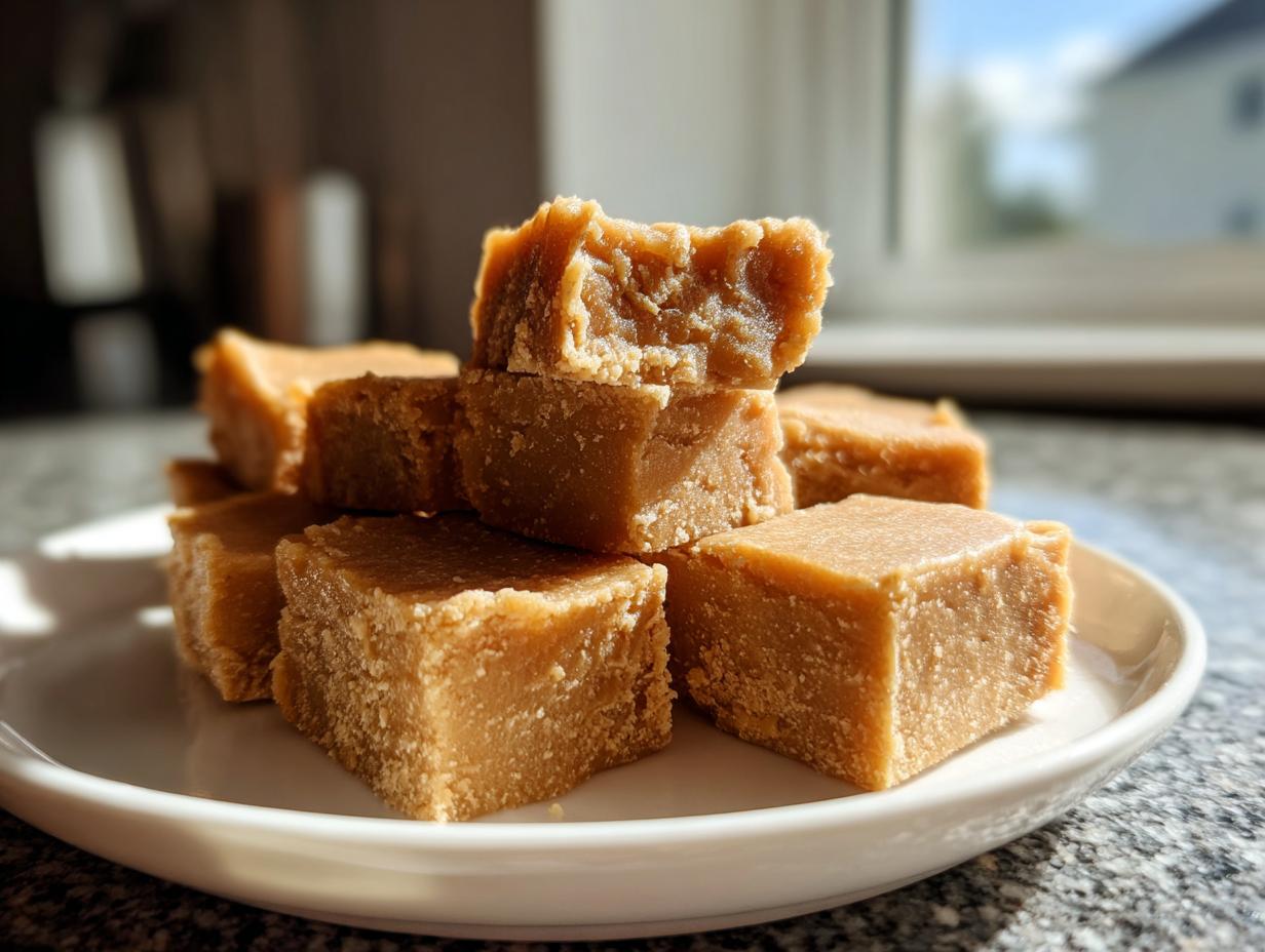 A stack of rich, brown squares of easy maple fudge piled on a white plate.