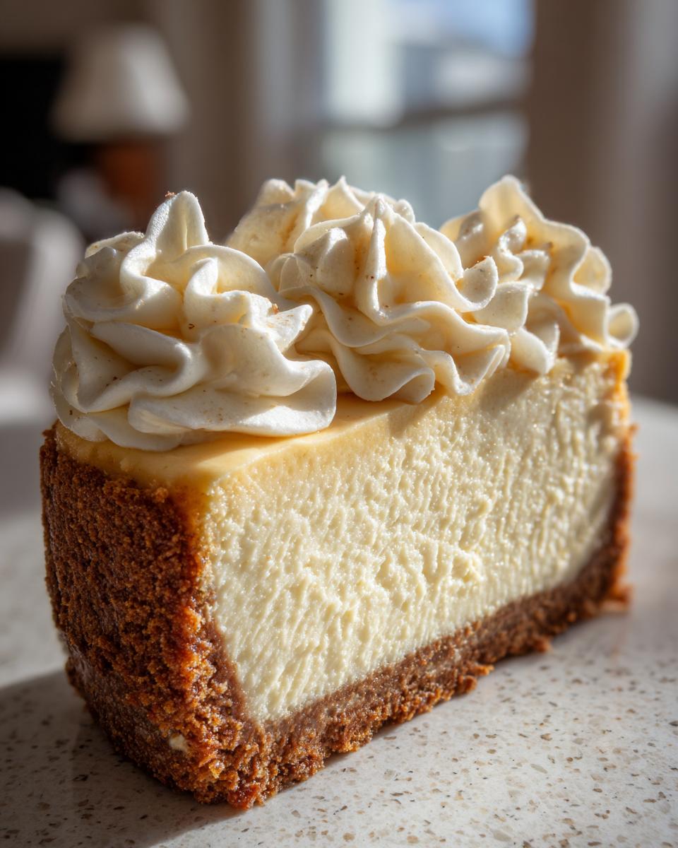 A close-up of a thick slice of eggnog cheesecake with a graham cracker crust and piped whipped cream topping.