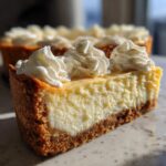 Close-up of a thick slice of creamy eggnog cheesecake recipe with a graham cracker crust and topped with whipped cream swirls.
